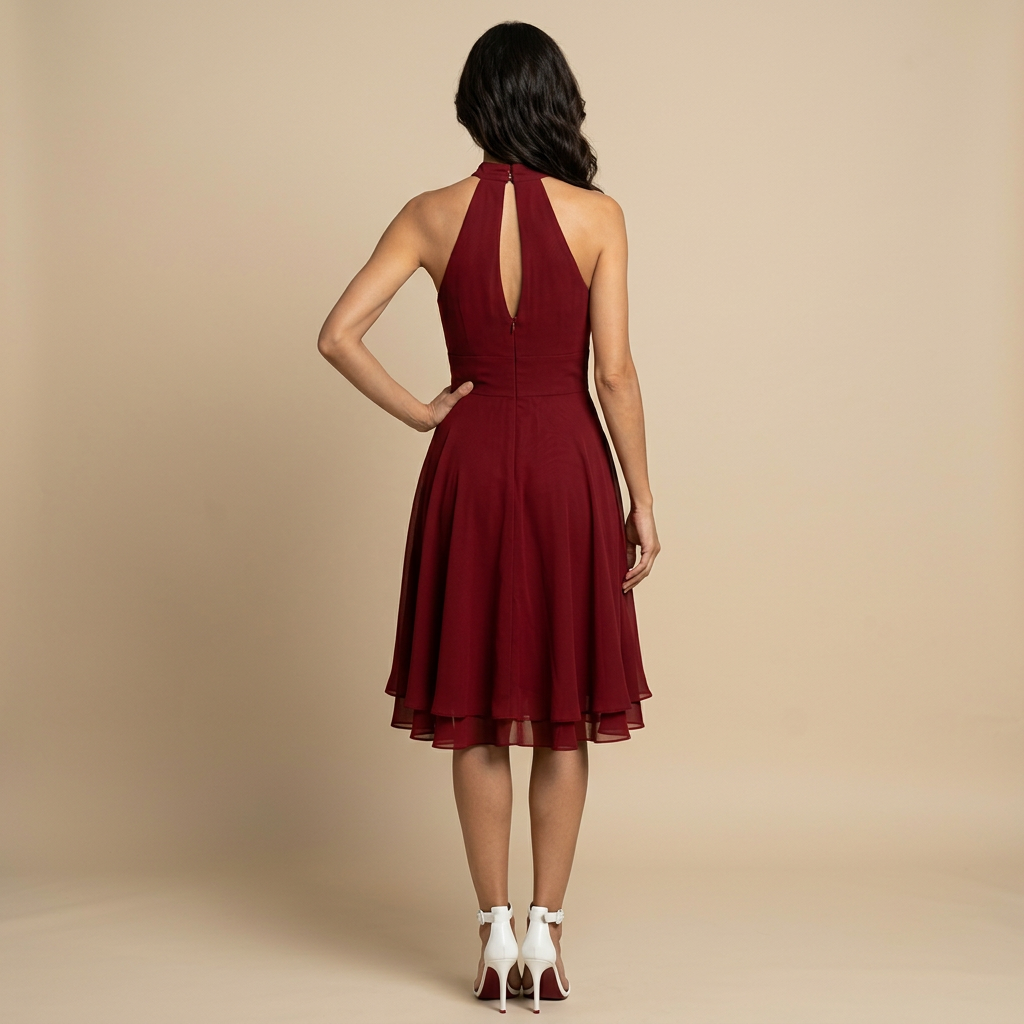 Vestido Midi Mujer de Chifón Halter Cintura con Banda