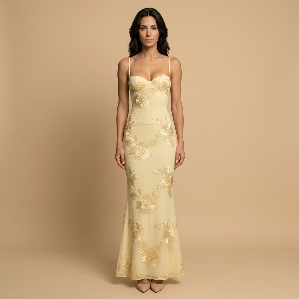 Vestido Largo Mujer Tul con Corsé y Apliques Florales Sirena - Mavetta