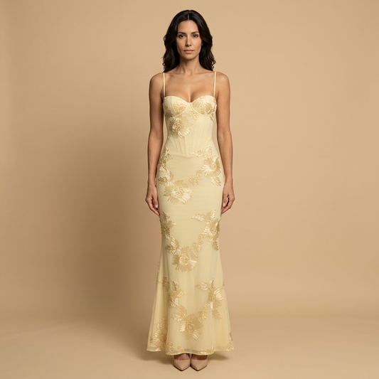 Vestido Largo Mujer Tul con Corsé y Apliques Florales Sirena - Mavetta