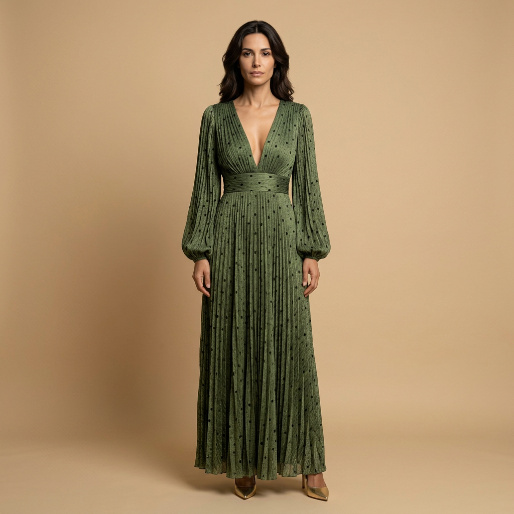 Vestido Largo Mujer Plisado Manga Globo Escote en V - Mavetta