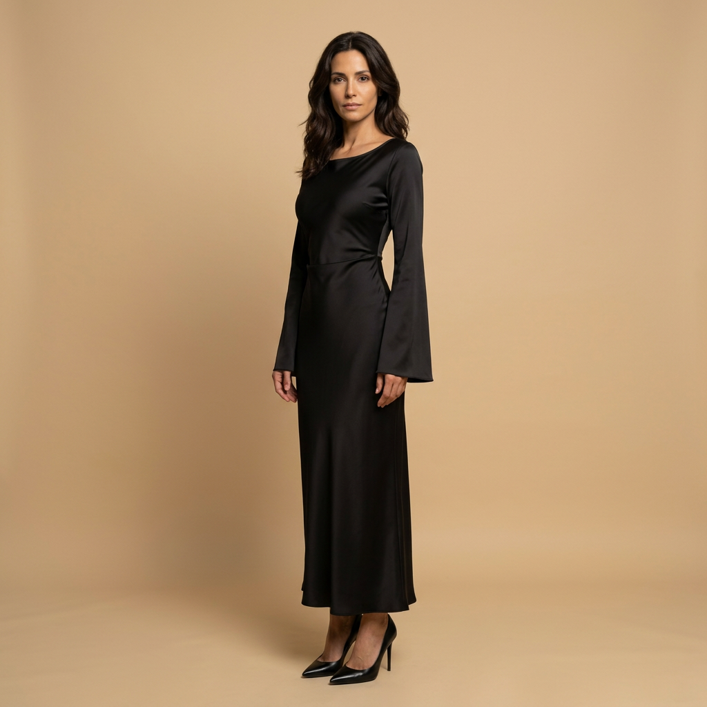 Vestido Largo Mujer de Satén Manga Globo Puño con Cordón