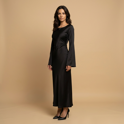 Vestido Largo Mujer de Satén Manga Globo Puño con Cordón