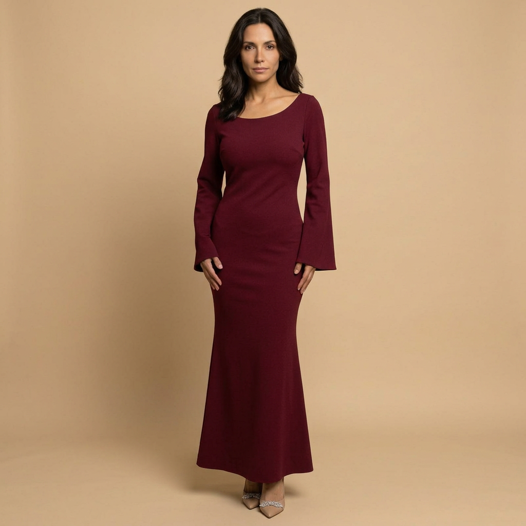 Vestido Largo Mujer de Satén Manga Globo Puño con Cordón