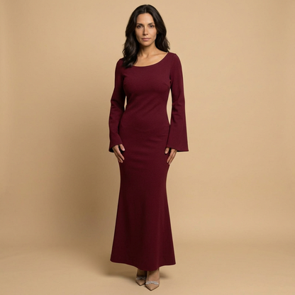Vestido Largo Mujer de Satén Manga Globo Puño con Cordón