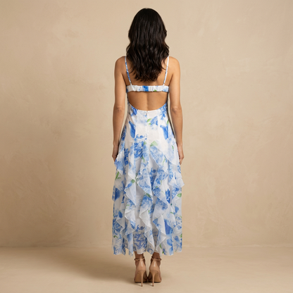 Vestido largo mujer de volantes y escote en V