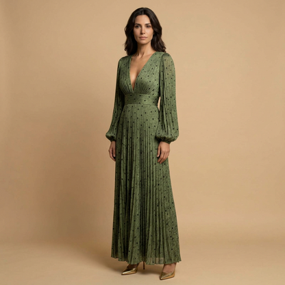 Vestido Largo Mujer Plisado Manga Globo Escote en V