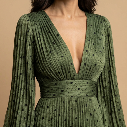 Vestido Largo Mujer Plisado Manga Globo Escote en V