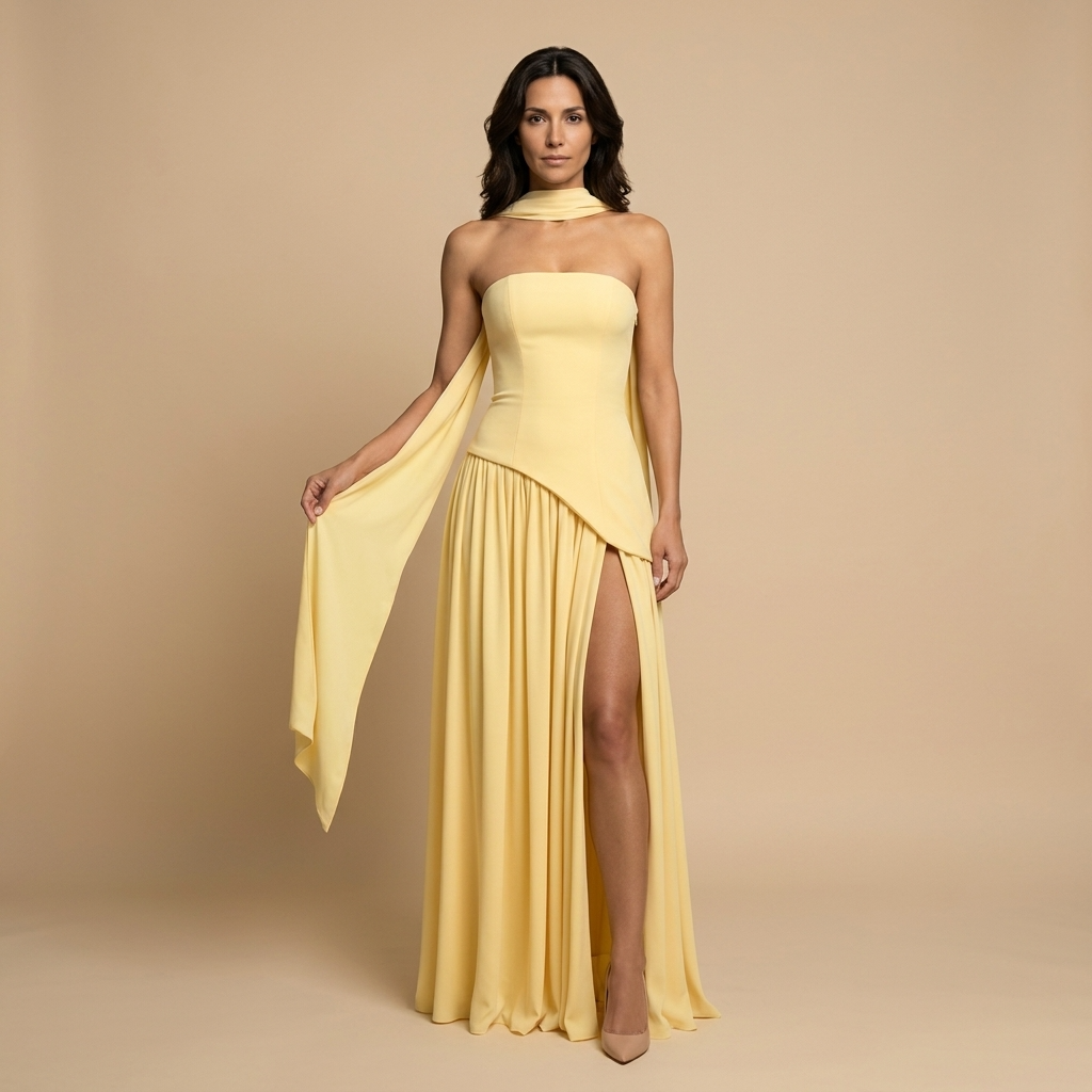 Vestido Largo Mujer Bustier Abertura Frontal Chal Lateral - Mavetta
