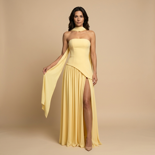 Vestido Largo Mujer Bustier Abertura Frontal Chal Lateral - Mavetta