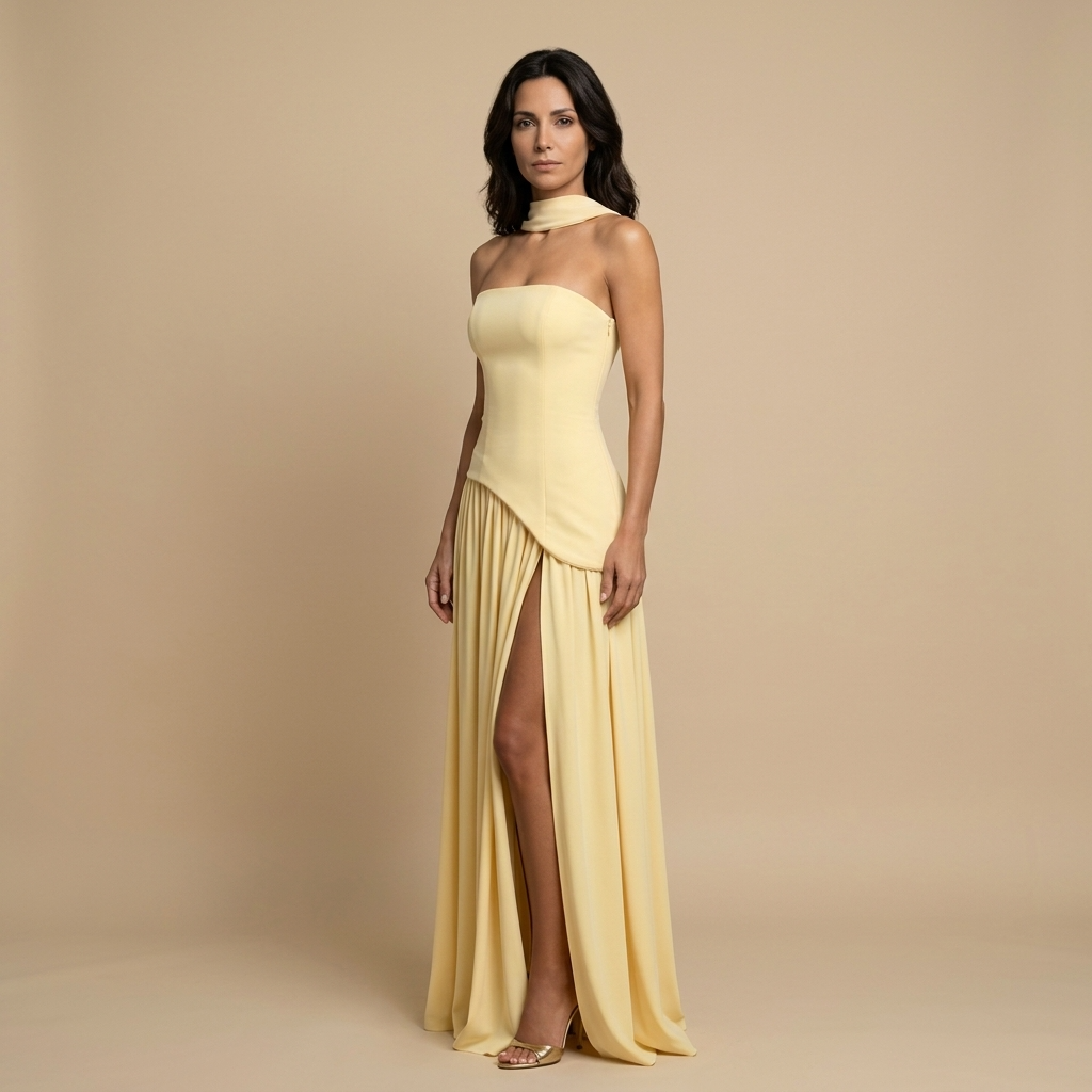 Vestido Largo Mujer Bustier Abertura Frontal Chal Lateral