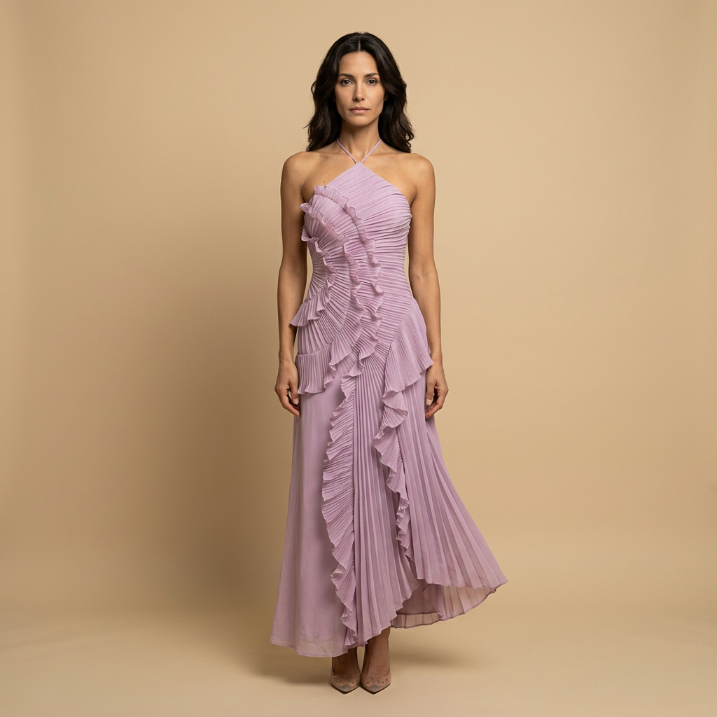 Vestido Largo Mujer Plisado Volantes Cuello Halter - Mavetta