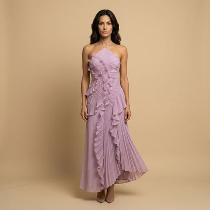 Vestido Largo Mujer Plisado Volantes Cuello Halter - Mavetta