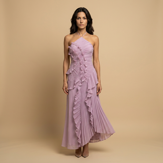 Vestido Largo Mujer Plisado Volantes Cuello Halter - Mavetta