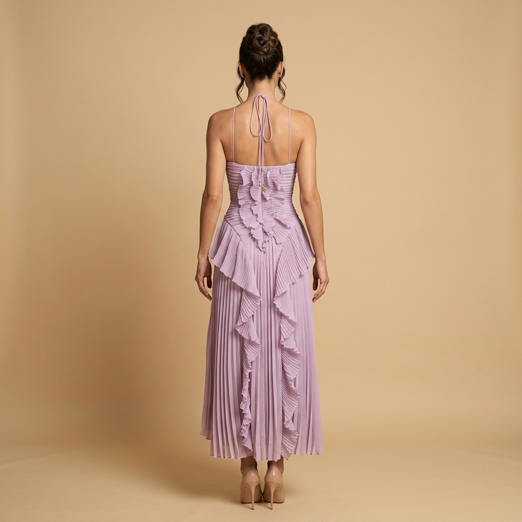 Vestido Largo Mujer Plisado Volantes Cuello Halter