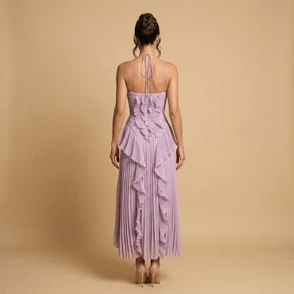 Vestido Largo Mujer Plisado Volantes Cuello Halter