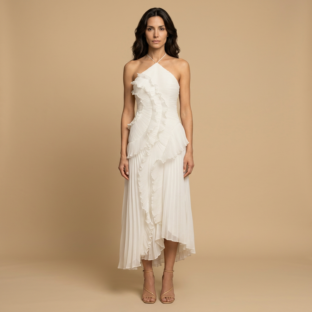 Vestido Largo Mujer Plisado Volantes Cuello Halter