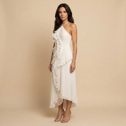 Vestido Largo Mujer Plisado Volantes Cuello Halter