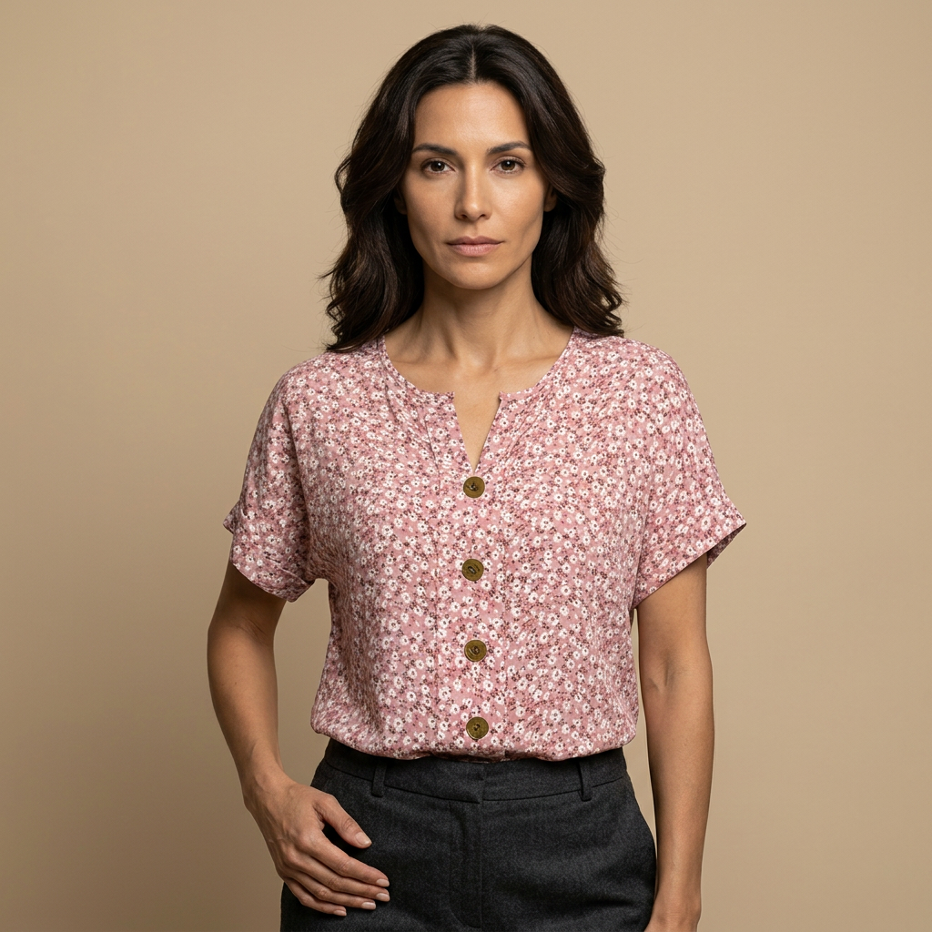 Blusa Mujer Estampado Floral Botones Madera Manga Corta - Mavetta