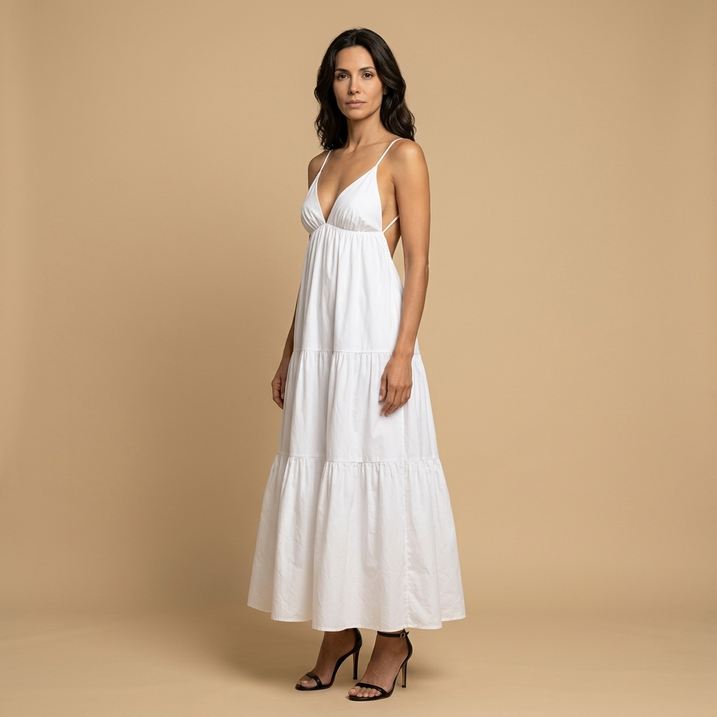Vestido Largo Mujer Algodón Escote en V Tirantes Niveles