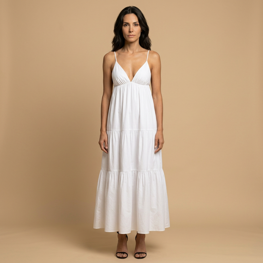 Vestido Largo Mujer Algodón Escote en V Tirantes Niveles - Mavetta