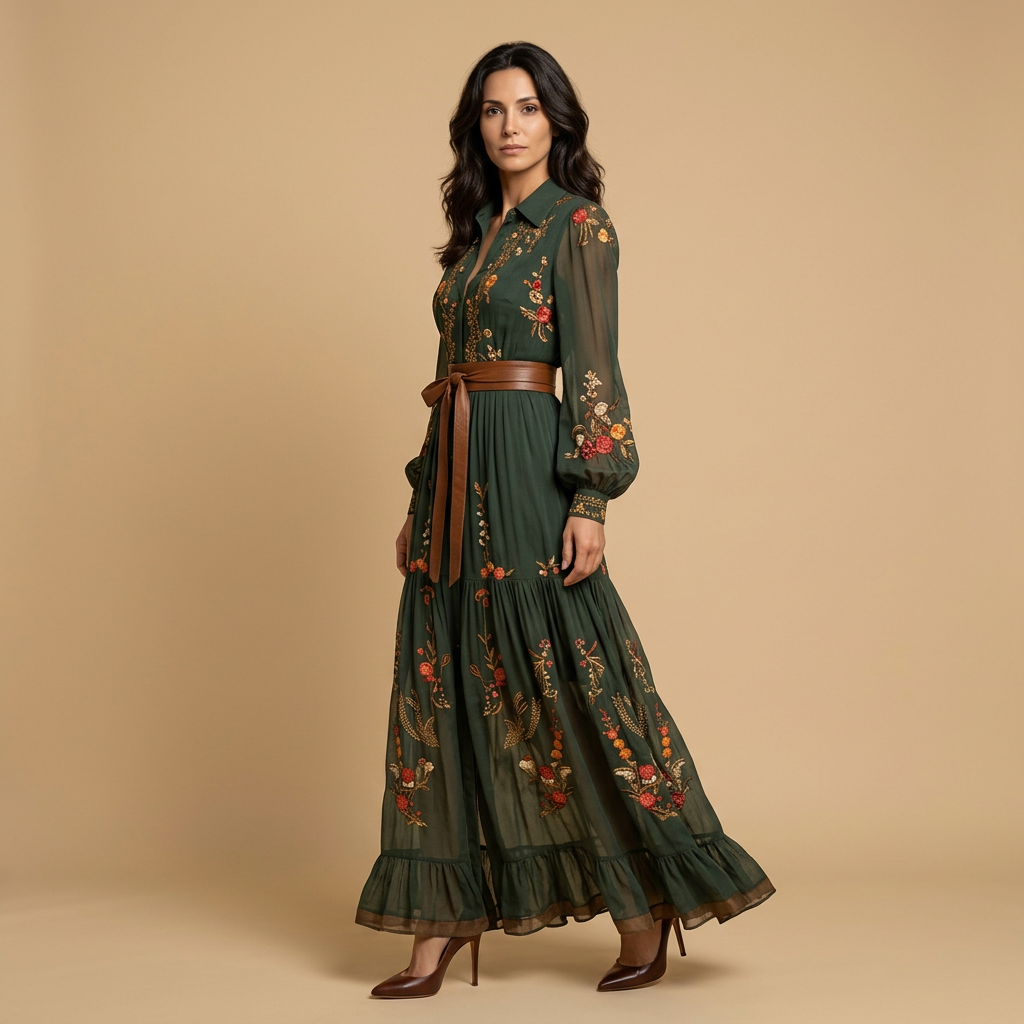 Vestido Largo Mujer Bordado Boho Manga Globo