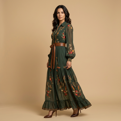 Vestido Largo Mujer Bordado Boho Manga Globo