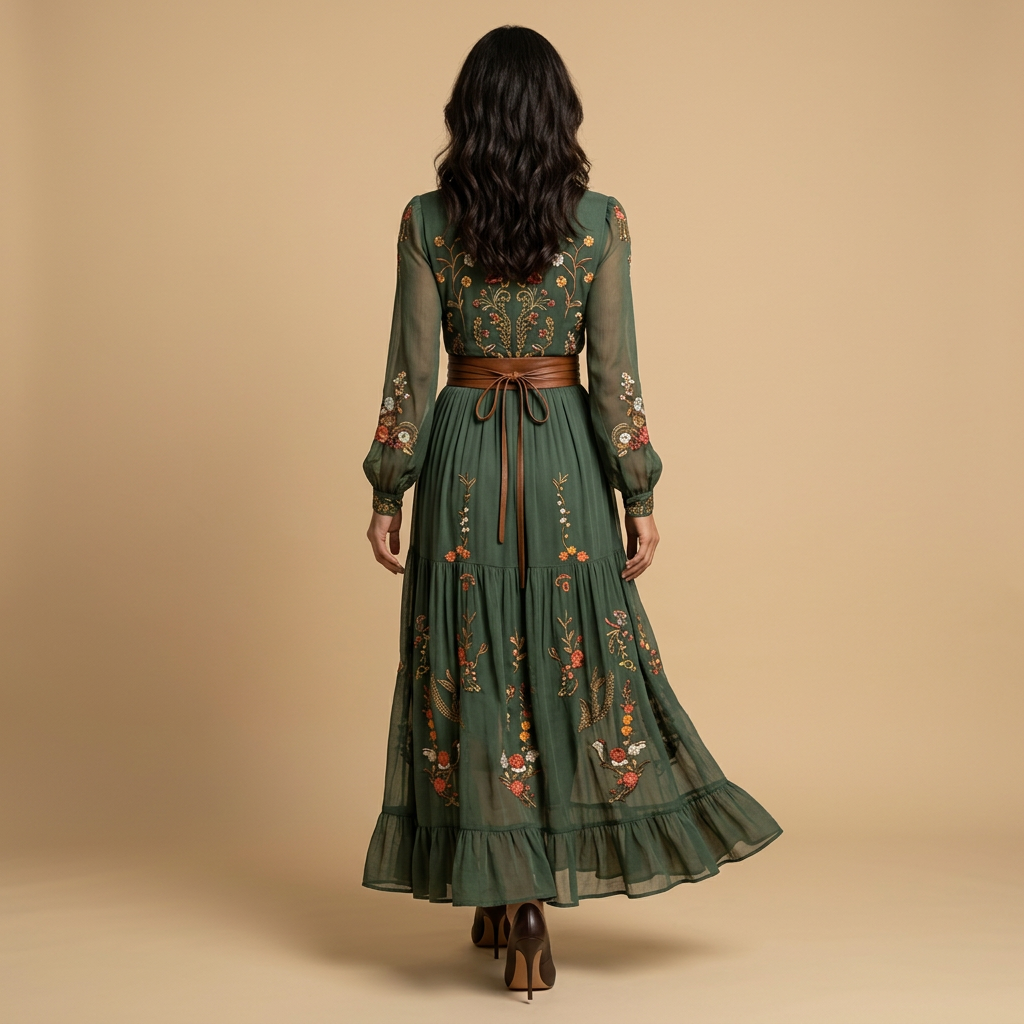 Vestido Largo Mujer Bordado Boho Manga Globo