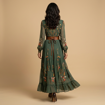 Vestido Largo Mujer Bordado Boho Manga Globo