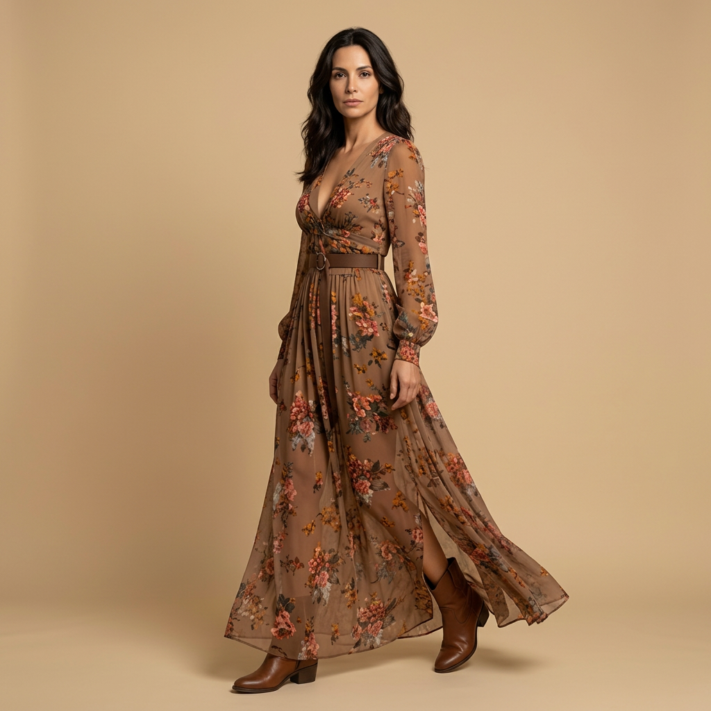 Vestido Largo Mujer Bordado Boho Manga Globo