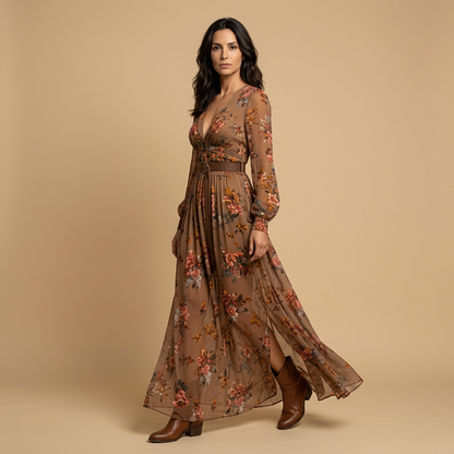 Vestido Largo Mujer Bordado Boho Manga Globo