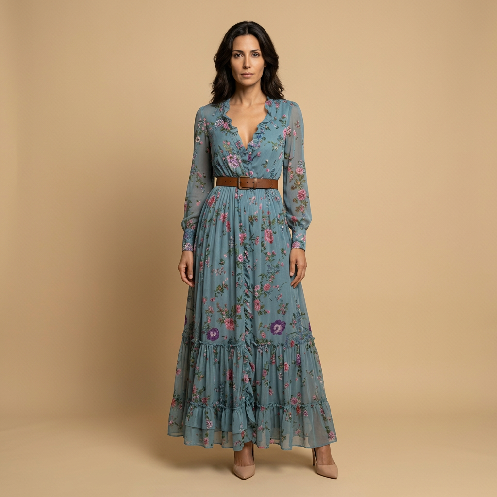 Vestido Largo Mujer Bordado Boho Manga Globo
