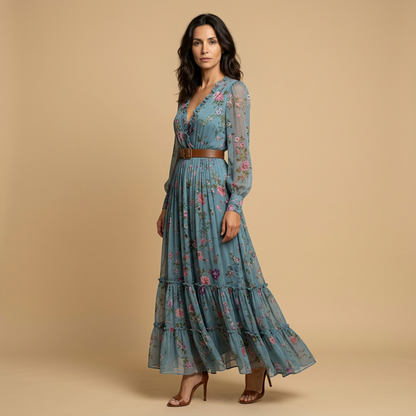 Vestido Largo Mujer Bordado Boho Manga Globo