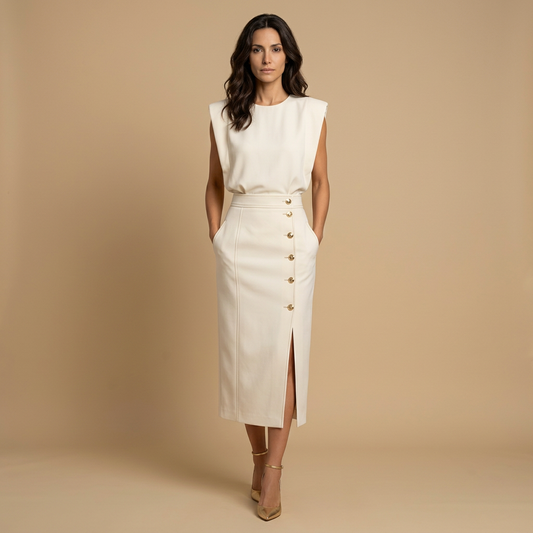 Vestido Midi Mujer Botonadura Hombros Estructurado - Mavetta