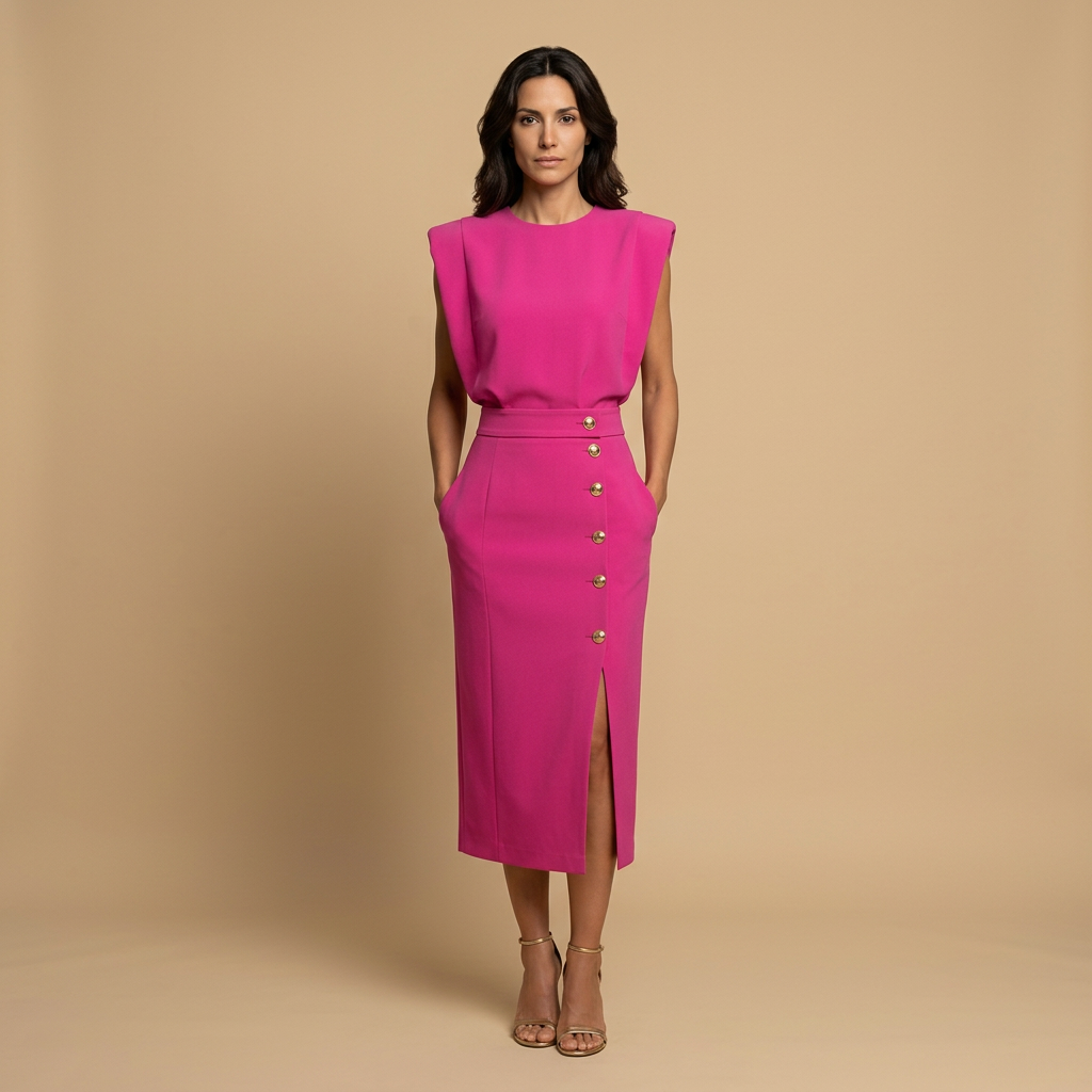 Vestido Midi Mujer Botonadura Hombros Estructurado