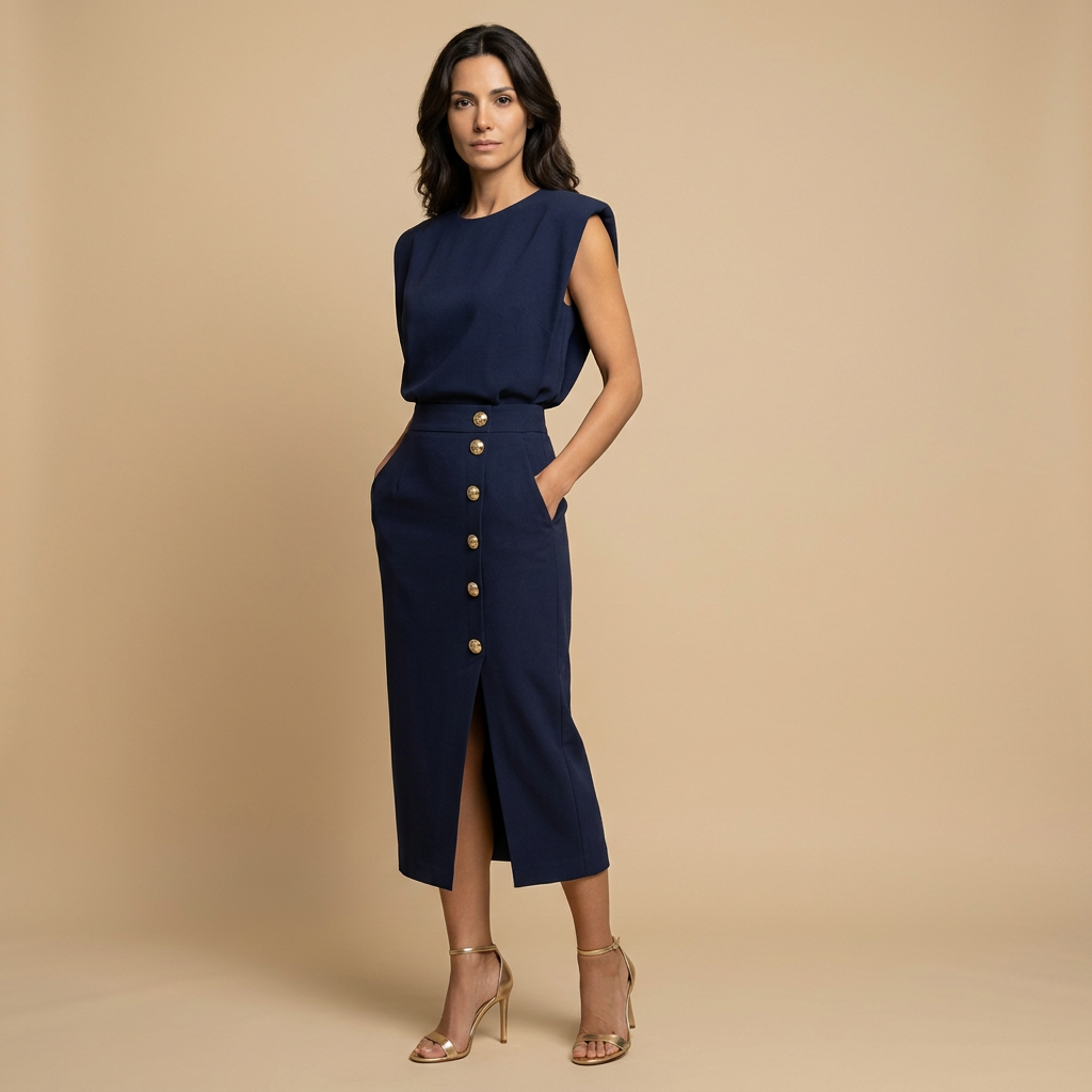 Vestido Midi Mujer Botonadura Hombros Estructurado