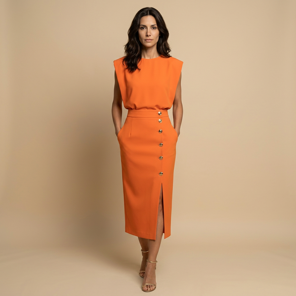 Vestido Midi Mujer Botonadura Hombros Estructurado