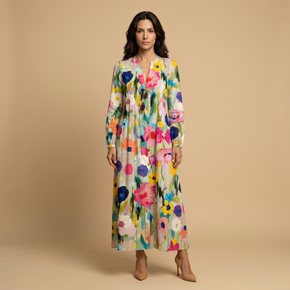 Vestido Largo Mujer de Tela Floral y Pintucks Manga Larga - Mavetta
