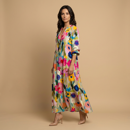 Vestido Largo Mujer de Tela Floral y Pintucks Manga Larga