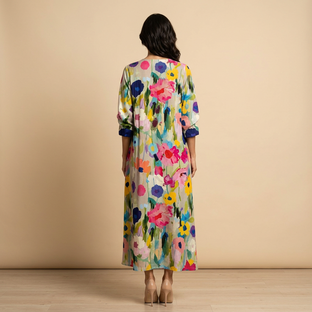 Vestido Largo Mujer de Tela Floral y Pintucks Manga Larga