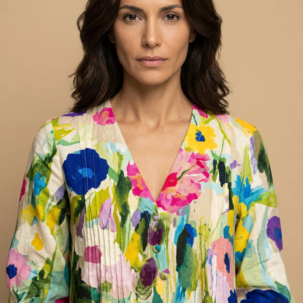 Vestido Largo Mujer de Tela Floral y Pintucks Manga Larga