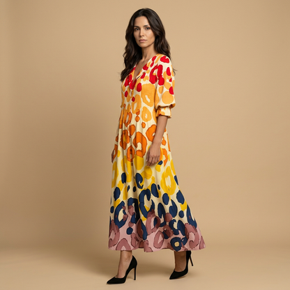 Vestido Largo Mujer de Tela Floral y Pintucks Manga Larga