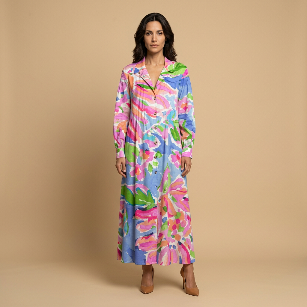 Vestido Largo Mujer de Tela Floral y Pintucks Manga Larga