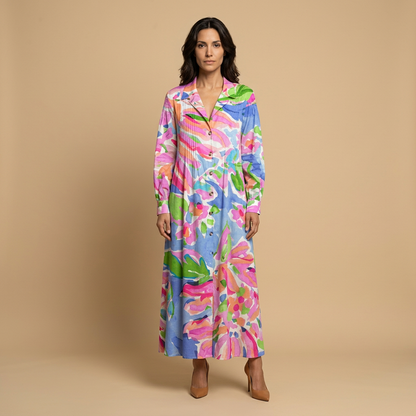 Vestido Largo Mujer de Tela Floral y Pintucks Manga Larga