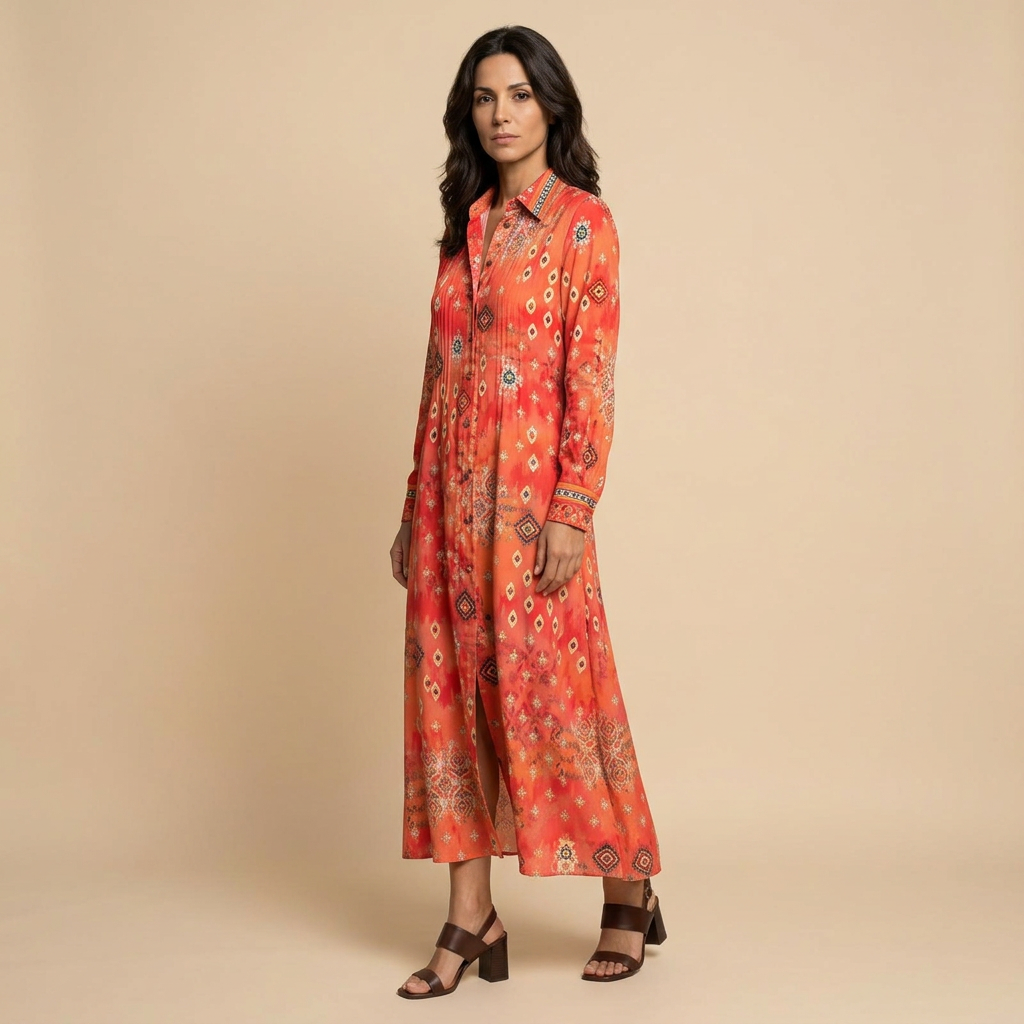 Vestido Largo Mujer de Tela Floral y Pintucks Manga Larga