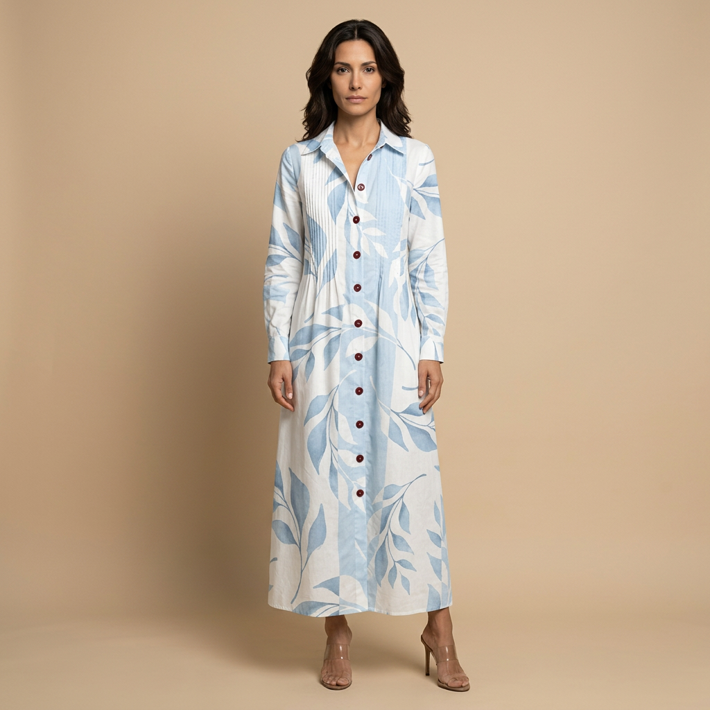 Vestido Largo Mujer de Tela Floral y Pintucks Manga Larga