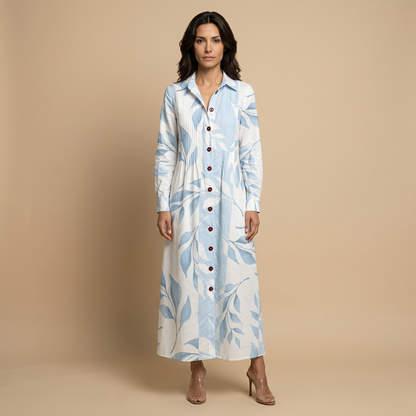 Vestido Largo Mujer de Tela Floral y Pintucks Manga Larga