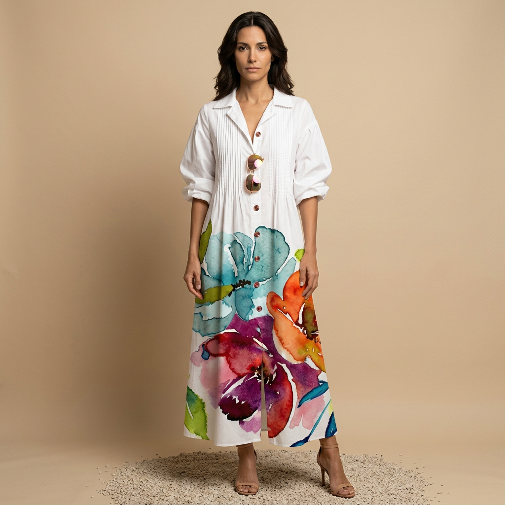 Vestido Largo Mujer de Tela Floral y Pintucks Manga Larga