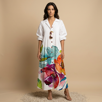 Vestido Largo Mujer de Tela Floral y Pintucks Manga Larga