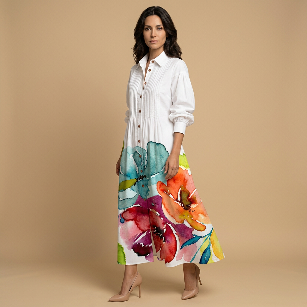 Vestido Largo Mujer de Tela Floral y Pintucks Manga Larga