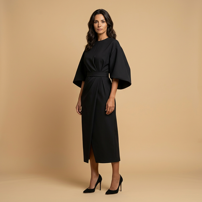 Vestido Midi Mujer Manga Kimono Cinturón Abertura